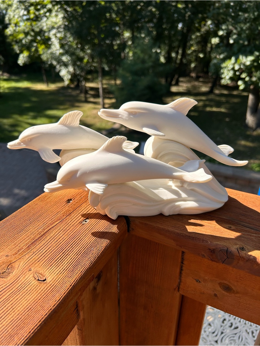 3 White Dolphins In Motion with Sea Waves Heavy Figurine Book End